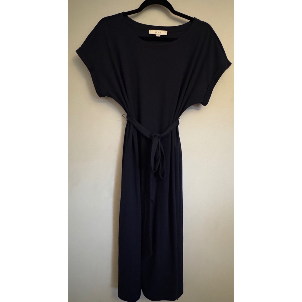 LOFT Womens Navy Blue Short Sleeve Belted Midi Dress Size L Side Slits Jersey